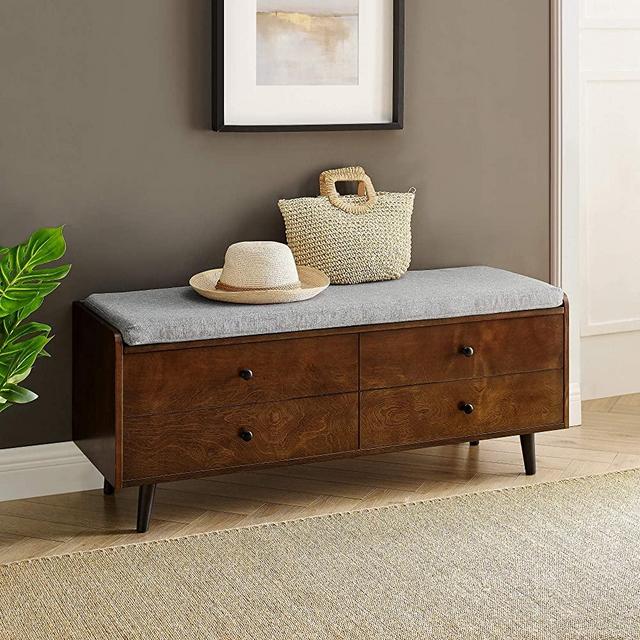 Walker Edison Mid Century Modern Wood Entryway Bench with Cushion AZRMOR4DDRCA, 46 Inch, Walnut