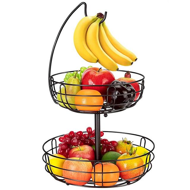 Bextsrack 2 Tier Fruit Basket Bowl with Banana Hanger for Kitchen Countertop, Detachable Fruit Vegetable Storage Holder Display for Kitchen - Bronze