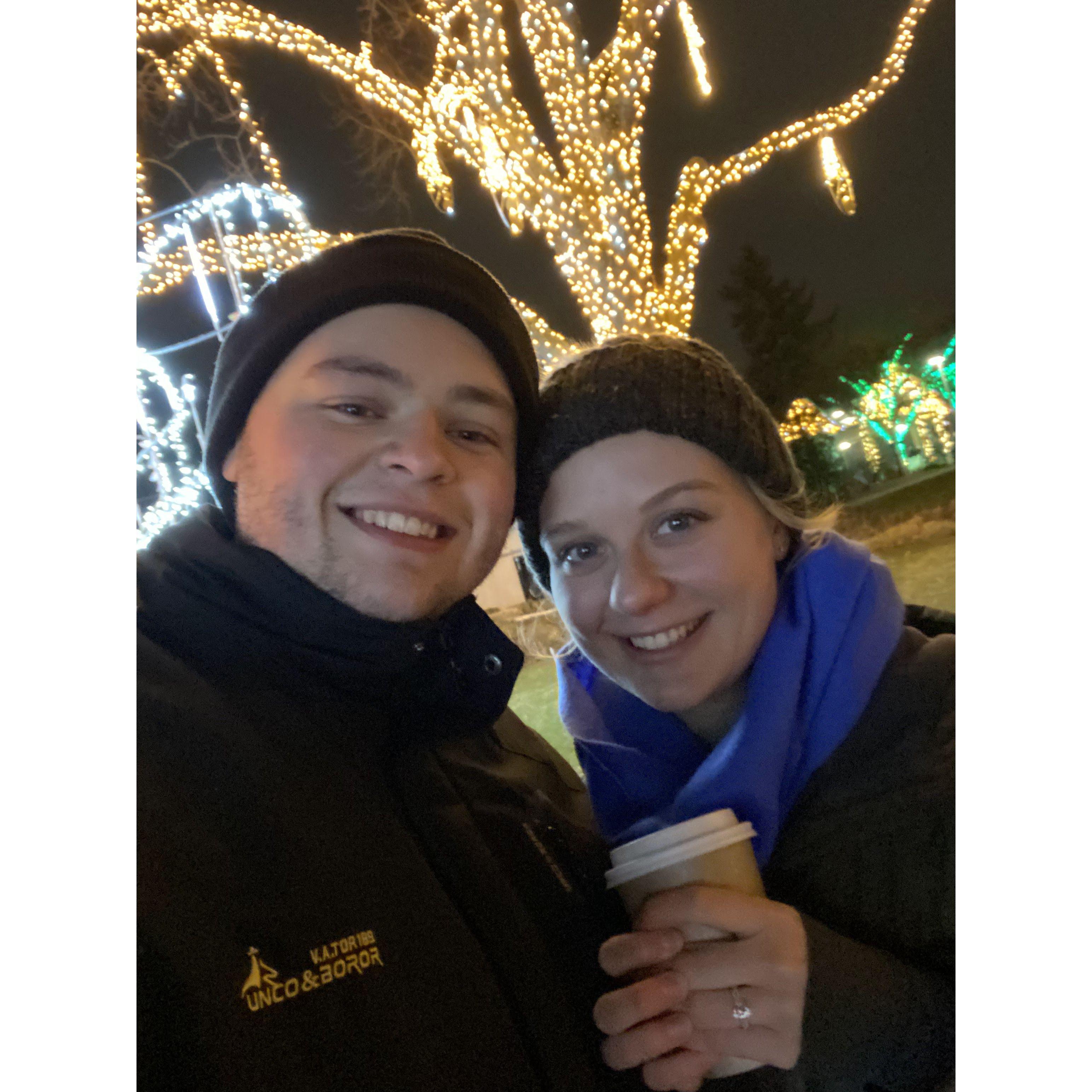 Austin proposed! Then took Emma to the Cleveland Zoo to see the Holiday lights.