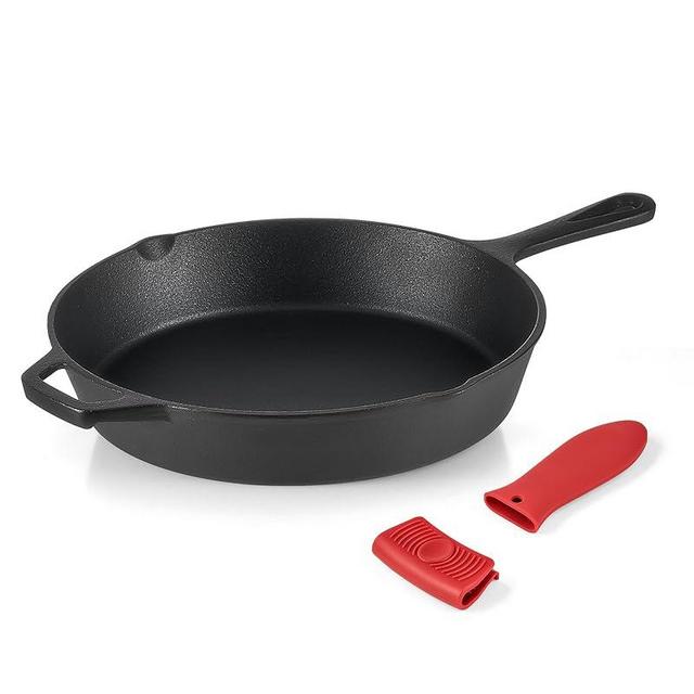 DARTMOOR Pre-Seasoned Cast Iron Skillet, 10 in Cast Iron Frying Pan with Handle, Protective Covers, & Pour Spouts, Safe Grill Cookware with Non-Stick Surface, Cast Iron Pan for Indoor & Outdoor Use