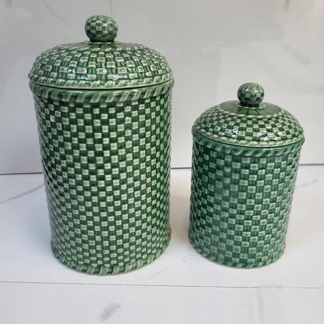 Set of Vintage Green Ceramic Canisters | Made in Portugal | Bordallo Pinheiro Style | 21cm & 16cm Tall | Kitchen Storage