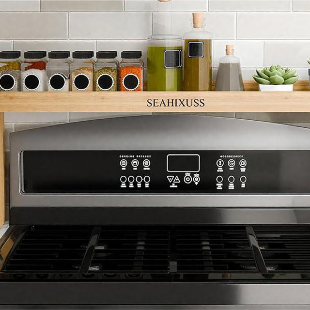 SEAHIXUSS Bamboo Over the Stove Spice Shelf for Kitchen Storage, 31.5" Spice Rack Organizer Stove Top Shelf with 6 hooks, 11.4" Height Extra Oven Back Sink Countertop, Easy to Assemble