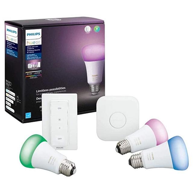 Philips Hue MAIN-54158 White & Color Ambiance LED Starter Kit-3 Multicolor A19 Bulbs, Bridge and Hue Dimmer Switch (Gen 3-Richer Colors), Multi