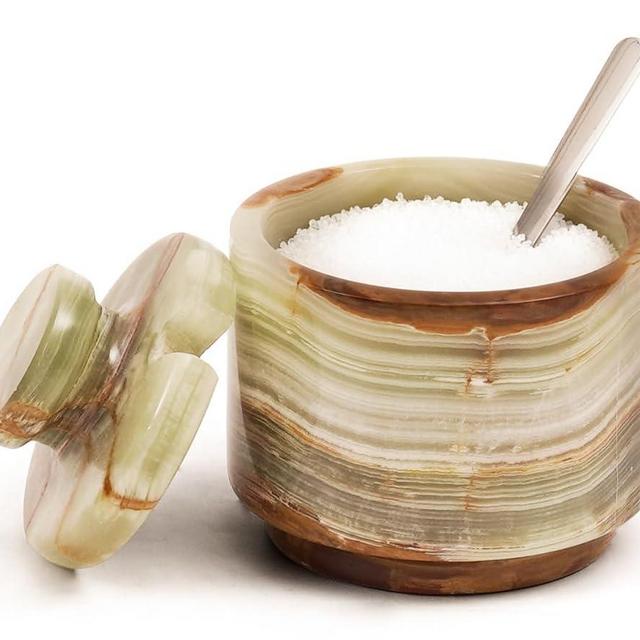 MARBLOUS KRAFTS Marble Salt Cellar 3' Green Onyx Seasoning Container, Spice Rack for Countertop, Perfect Kitchen Tabletop Sugar Jar, Stone Salt Bowl with Lid and Spoon, Gift for Her