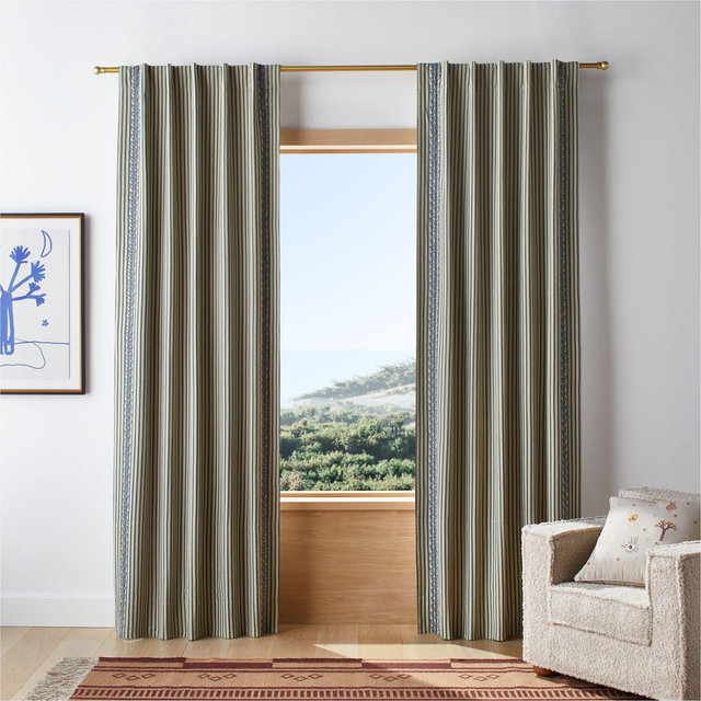 Charles Street Shade Green Embroidered Yarn-Dyed Organic Cotton Blackout Window Curtain Panel 44"x84" by Jeremiah Brent