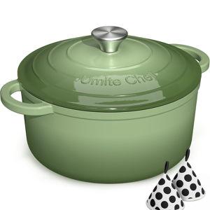 Umite Chef Enameled Cast Iron Dutch Oven-7QT Pot with Lid Cookbook & Cotton, Heavy-Duty Cookware for for Bread Baking, Braising, Stews, Marinate, Cook(Sage Green)