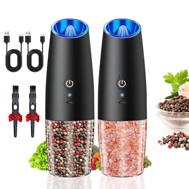 Electric Salt and Pepper Grinder Set, USB Rechargeable Shakers Pepper Mills with Adjustable Coarseness And LED Light, One Hand Operated Automatic Salt Pepper Mill Grinder for Kitchen (Black - 2 PCS)