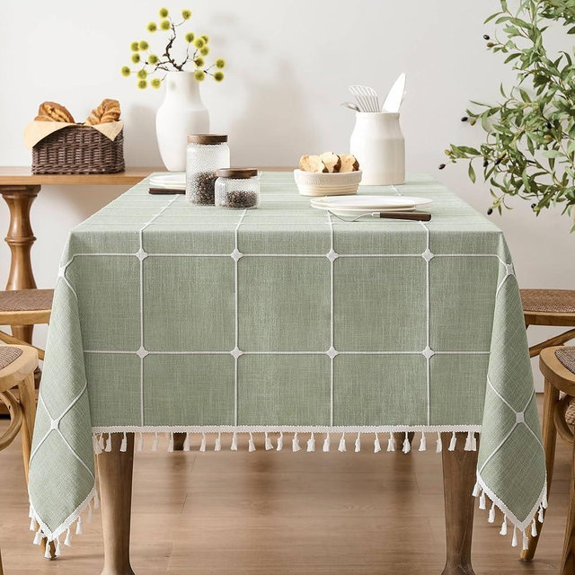 ZeeMart Boho Grid Table Cloth with Tassels (Sage Green, 52" x 52"), Heavy Weight Linen Checked Embroidered Farmhouse Tablecloth, Water Resistant Square Green Tablecloths