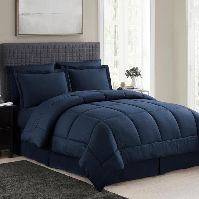 Sweet Home Collection 8 Piece Comforter Set Bag with Unique Design, Bed Sheets, 2 Pillowcases & 2 Shams & Bed Skirt All Season, Queen, Checkered Navy