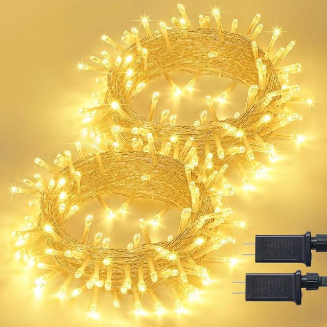 JMEXSUSS 2 Pack 100LED String Lights Indoor Bedroom, 33 Ft Connectable Warm White Christmas Lights Outdoor Waterproof, 8 Modes Clear Wire Christmas String Lights for House Tree Classroom Party