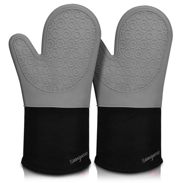 Sungwoo Silicone Oven Mitts, Durable Heat Resistant Oven Gloves with Quilted Liner Non-Slip Textured Grip Perfect for BBQ, Baking, Cooking and Grilling - 1 Pair 13.8 Inch Grey