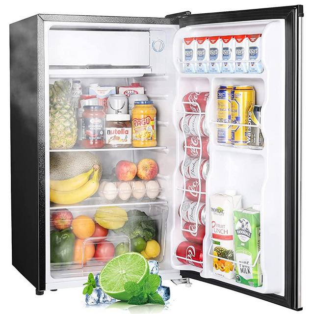 Upstreman 3.2 Cu.Ft Mini Fridge with Freezer, Single Door Mini Fridge, Adjustable Thermostat, Mini Refrigerator for Dorm, Office, Bedroom, Stainless Steel-SR321