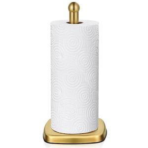 SMARTAKE Paper Towel Holder for Countertop, Standing Kitchen Roll Holder with Suction Cups, Non-Slip Paper Towel Stand, Stainless Steel, Weighted Base, for Kitchen Bathroom, Square Base (Gold)