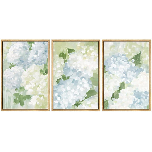 SIGNFORD Framed Canvas Print Wall Art Set Soft Hydrangea Floral Subtle Blue and Green Hues Illustrations Modern Art Relax/Calm for Living Room, Bedroom, Office - 24"x36"x3 Natural