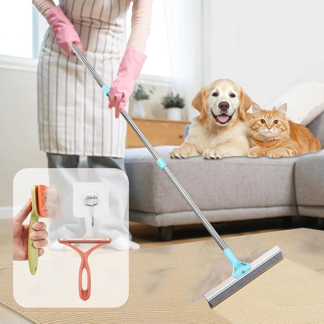neatevday 2 in 1 Carpet Rake for Pet Hair Removal with 54" Adjustable Handle, Reusable Pet Hair Removal Broom, Multi-Functional Cat Dog Hair Remover for Rugs, Mats, Couch, Clothes