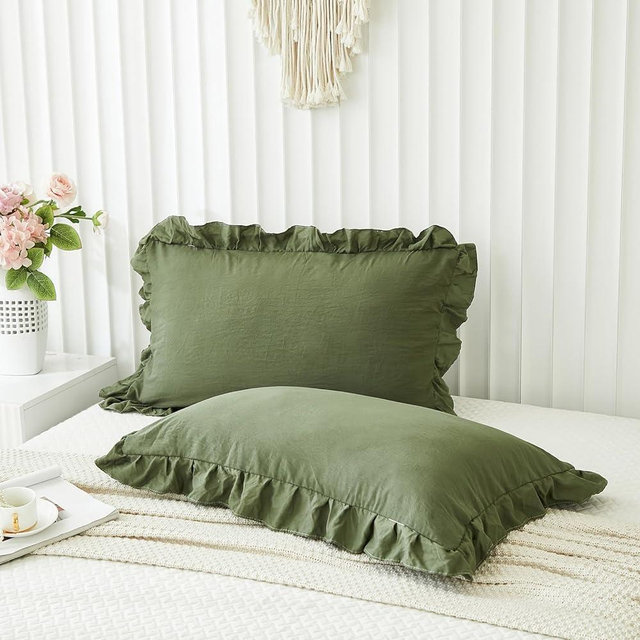 Shabby Chic Olive Green Ruffled Fringe Set of 2 Pillowcases - King (20''x36'')