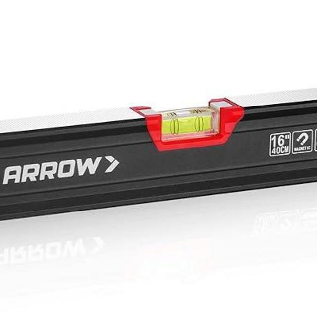 ARROW 16-Inch Level, Magnetic Torpedo Level with 45°/90°/180° Bubbles, Aluminum Alloy Body, Precision-Machined Base, Shockproof Rubber End Caps, V-Groove & Hanging Hole for Construction, Carpentry