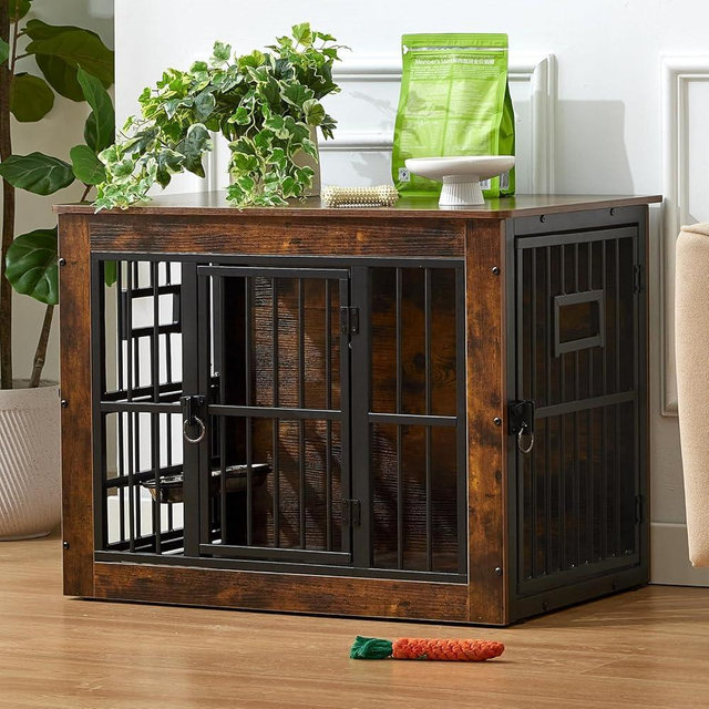 32 Inch Heavy Duty Dog Crate Furniture for Medium/Small Dogs, Decorative Pet House End Table with 3 Doors & Adjustable Bowls, Wooden Cage Kennel Furniture Indoor, Rustic Brown