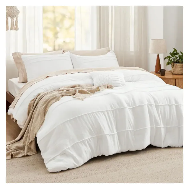 Bedsure California King Comforter Set 4 Piece Pinch Pleat White Bedding OEKO-TEX Certified All Season Bed Set Ideal Christmas Gift