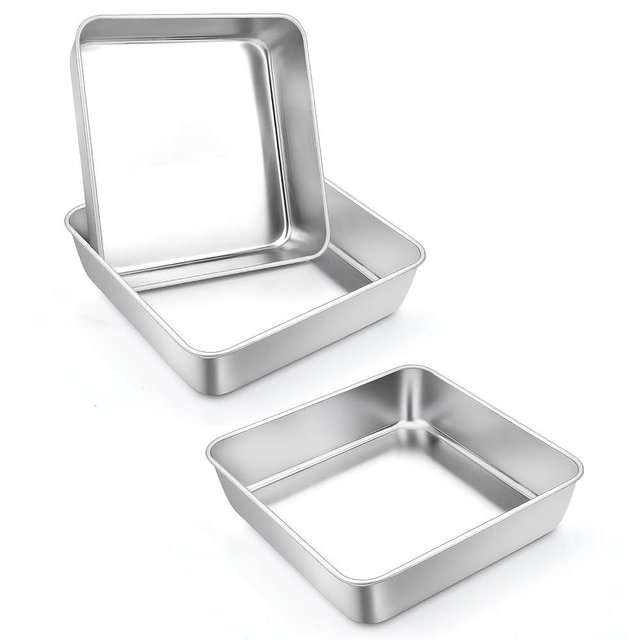 TeamFar 6 In Square Cake Pan, Stainless Steel Mini Square Lasagna Cake Brownie Pan for Baking Roasting, Non-Toxic & Sturdy, One Piece Design & Smooth, Easy Clean & Dishwasher Safe, 3 Pcs