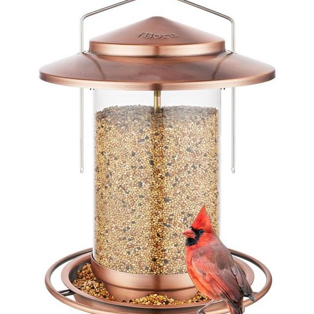 iBorn Metal Bird Feeder for Outside Hanging,Wild Bird Feeders for Cardinal,18cm Large Roof&Tray Brushed Copper 6 Port (Seed is not Included)