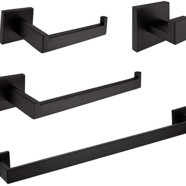 4-Piece Bathroom Hardware Accessories Set Stainless Steel Matte Black 24 inch Towel Bar + Toilet Paper Holder + Hand Towel Rack + Towel Hook(24 inch) …