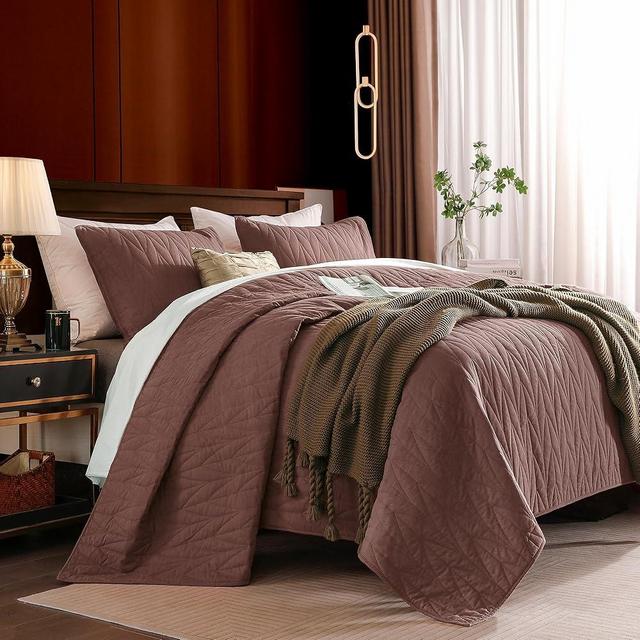 SHALALA - 100% Cotton Mauve King Size Quilt Set,200 GSM Cotton Fill Comforter,Pre-Washed 3 Piece Ultra Soft Lightweight Bedspread with Pillow Shams,Stitching Geometric Pattern Modern Style