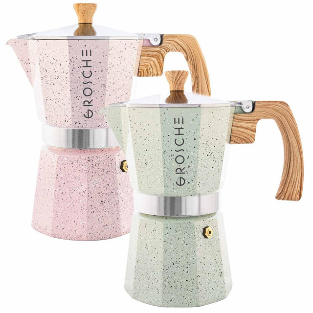 Pack of 2: GROSCHE MILANO STONE Stovetop Espresso Maker, Moka Pot Bundle, 9 Espresso Cups, Pink + Mint