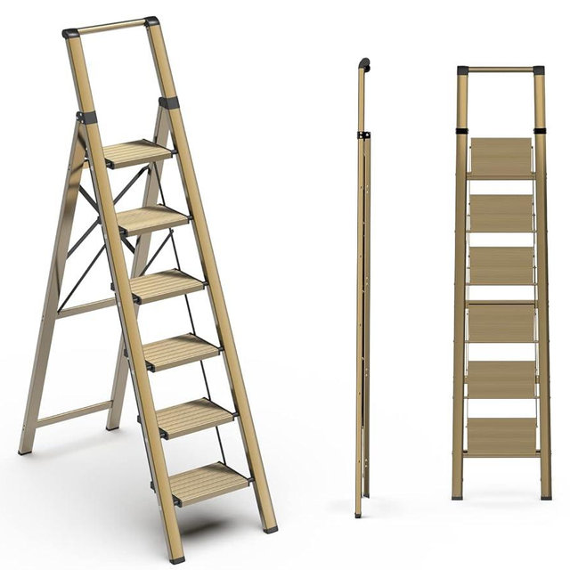 SOLADDER 6 Step Ladder, Folding Step Stool with Handgrip and Anti-Slip Wide Pedal, Portable Lightweight Aluminum Stepladder for Kitchen, Home, Library, Office (300 lbs Capacity) - Gold