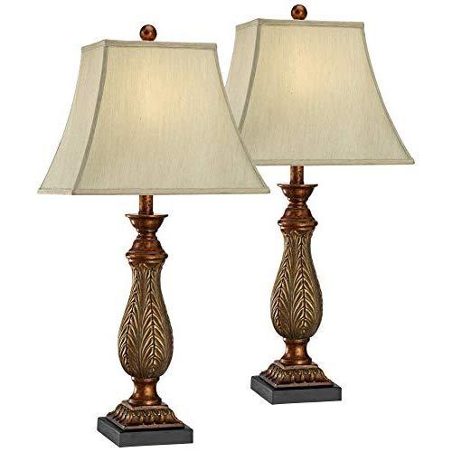 Traditional Table Lamps Set of 2 Two Tone Gold Leaf Linen Rectangular Bell Shade for Living Room Family Bedroom - Regency Hill