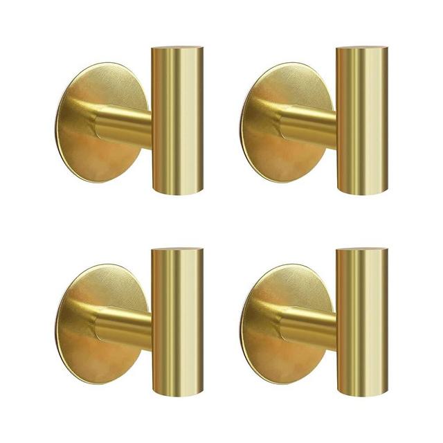 Augegel Adhesive Towel Hooks, Brushed Gold SUS 304 Stainless Steel Hooks, Heavy Duty Waterproof Wall Hooks, Self Adhesive Coat Robe Hooks for Bathrooms Kitchen Wall Mounted (Brushed Gold, 4 Pcs)