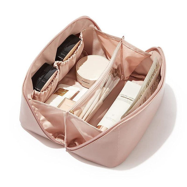EACHY Travel Makeup Bag - Waterproof Pink Cosmetic Bags for Women and Girls, Make Up Organizer with Dividers and Handle, Aesthetic Makeup Bags for Traveling（Pink）