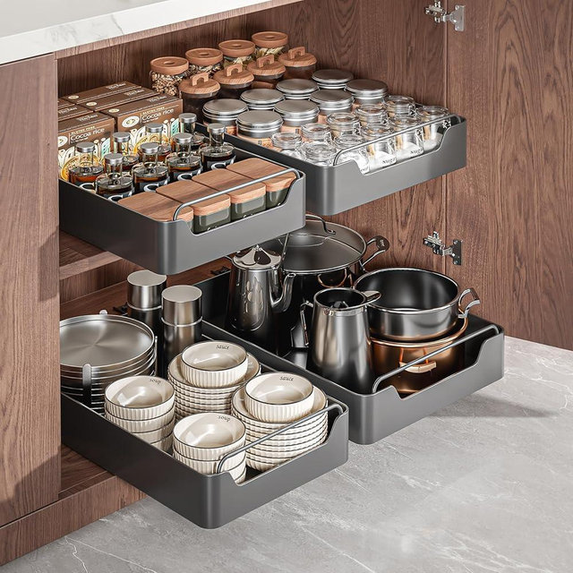 weykings Pull out Cabinet Organizer,Nano adhesive fixing without harming cabinets,Slide out drawer storage rack for plates and spice bottles in kitchen and living room,12.2" W *16.9" D* 2.75" H