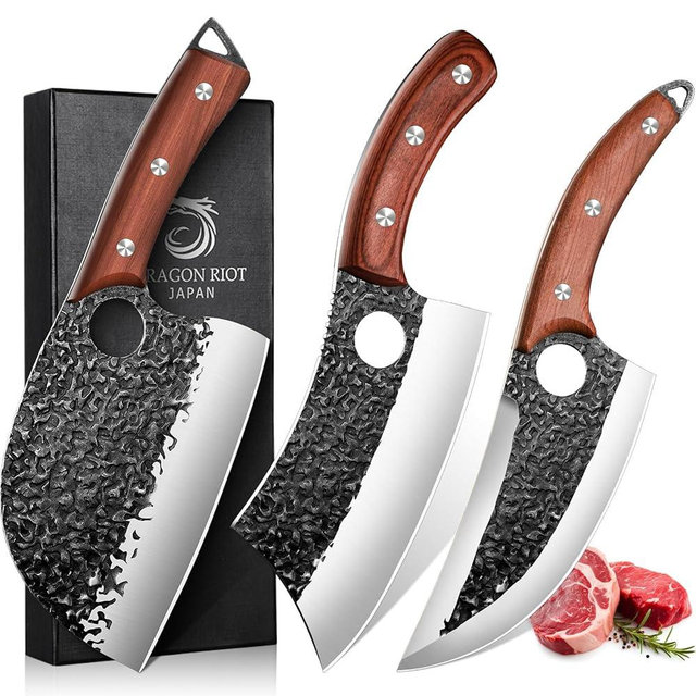 DRAGON RIOT Professional Butcher Knife Set for Meat Processing, 3Pcs High Carbon Steel Hand Forged Serbian Cleaver Chef Knife Set with Ergonomic Handles for Kitchen Outdoor Cooking