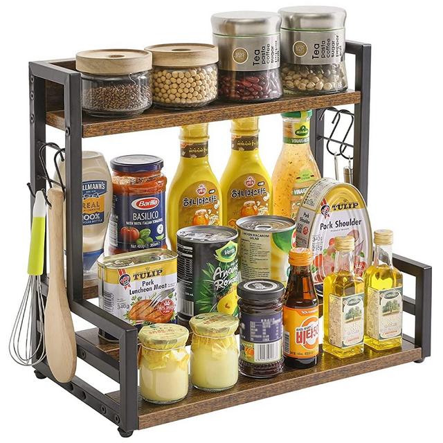 YMYNY 4-Tier Spice Rack with Stepped Design, Standing Kitchen Organizer Rack, Countertop Storage Shelf for Cupboard, Bathroom, Adjustable Seasoning Holder, 16.9 x 9.45x15.35”, Rustic Brown UHSR003H