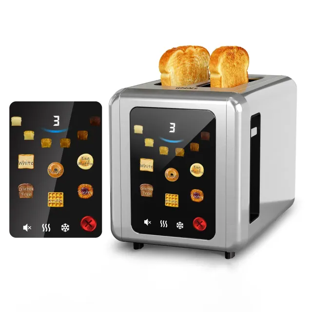 WHALL Touch Screen Toaster 2 Slice, 1.5'' Wide Slot Stainless Steel Toaster with Digital Timer, 6 Bread Types & 6 Shade Settings, Crumb Tray