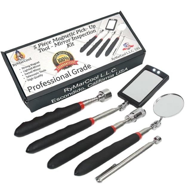 Inspection Mirror and Magnet KIT with Magnetic Pick-Up Tools. 5 Piece Set. Lighted Inspection Mirror and Lighted Magnetic Pick-Up Tool.