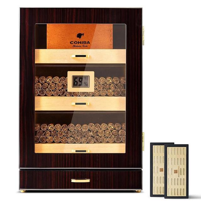 Woodronic Cigar Humidor Cabinet for 150 Cigars with LED Light, Accessory Drawer, Digital Hygrometer, Humidifiers, Spanish Cedar Lining & Divider, Glossy Ebony Finish, Gift for Fathers