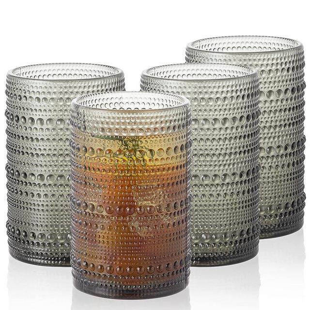 POLIDREAM 4pcs Gray 15.2oz Hobnail Glass Cups - Elegant & Textured Drinking Glasses for Beer, Cocktail, Soda, Juice - Sophisticated Monochrome Collection, Ideal for Home Bar