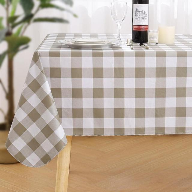 misaya Rectangle Waterproof Vinyl Table Cloth, Buffalo Flannel Backed Tablecloth, Wipeable Plastic Table Cover for Dinner, Kitchen, Outdoor (60" x 84", Khaki and White)