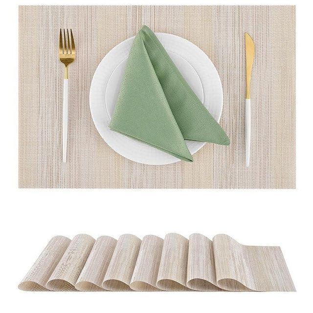 Leetaltree Lightsteel Beige with Yellow Placemats Set of 4 - Heat Resistant Non-Slip Place mats for Dining Table, Washable Durable PVC Vinyl Woven Table Mats (Lightsteel Beige with Yellow, 8)