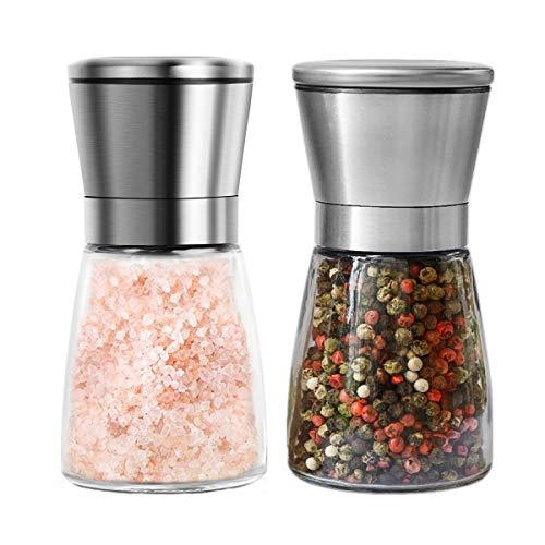 Mincham Manual Pepper and Salt Grinder Mill Shaker, Set of 2, Refillable Coarseness Adjustable Spice Mill, Ceramic Blades, Stainless steel cap and Glass Body with 6OZ Capacity