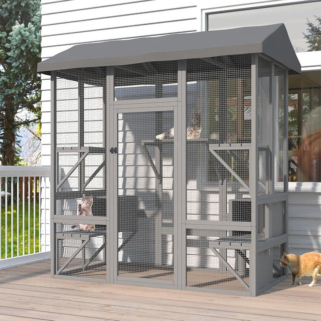 TIMHAKA Catio Outdoor Cat Enclosure, Large Cat House for Mulitiple Cats Walk in Cat Cage with Waterproof Cover and Sunshine Panel Roof, Feral Cat Shelter with 7 Platforms and 2 Resting Box, 72 inch