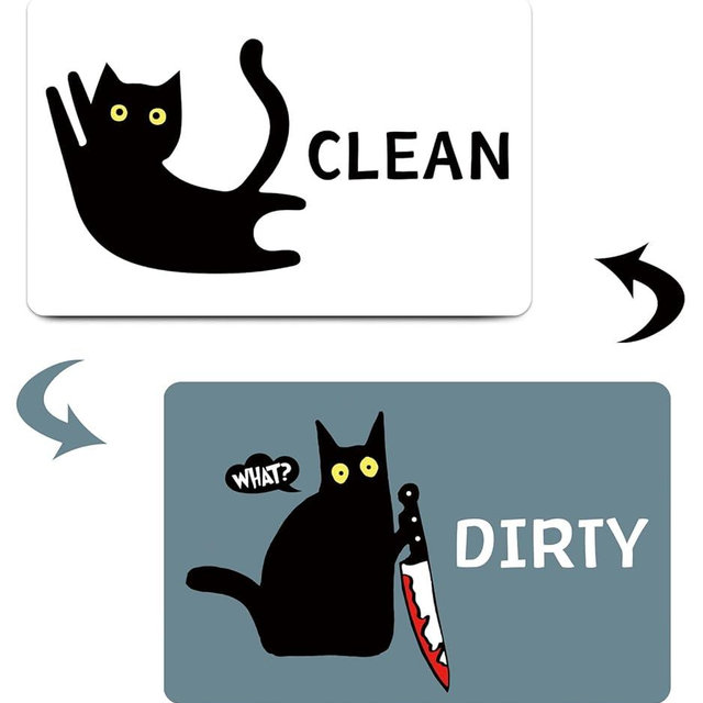 HSSPIRITZ Funny Cat Cute Cartoon Clean Dirty Dishwasher Magnet, Washing Machine Magnet Flip, Black Cat Kitchen Refrigerator Clean Dirty Sign, Double Sided Strong/Non Scratch(White & Dark Blue)