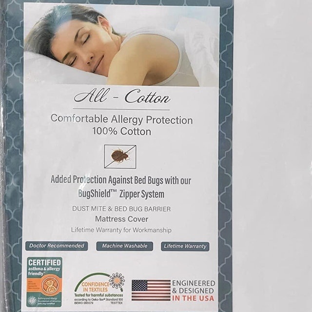 National Allergy Premium 100% Cotton Zippered Mattress Protector - Queen Size - 16-inch Deep - White - Breathable 300 Thread Count Hypoallergenic Cover - Advanced Encasement