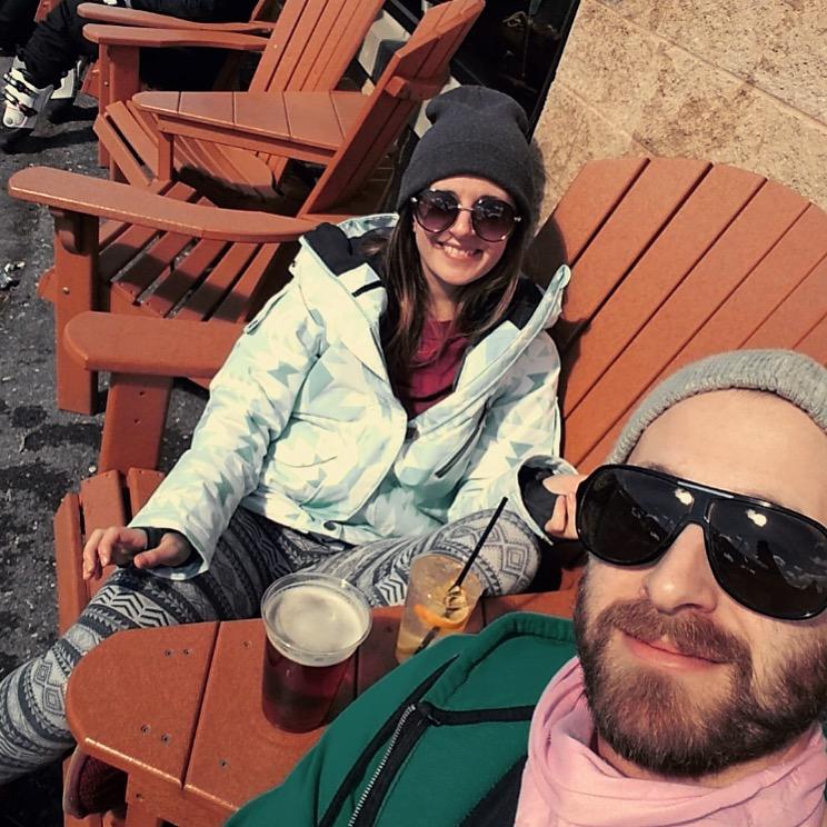 Relaxing drink after Nick taught Danielle to snowboard, one fall at a time