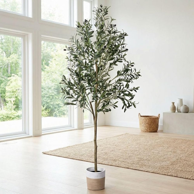 BAXAM 6ft Dense Leaves Artificial Olive Tree with Woven Basket - Realistic Faux Olive Tree for Living Room, Office & Home Decor - Large&Tall Indoor Floor Plant，Aesthetic Silk Plants