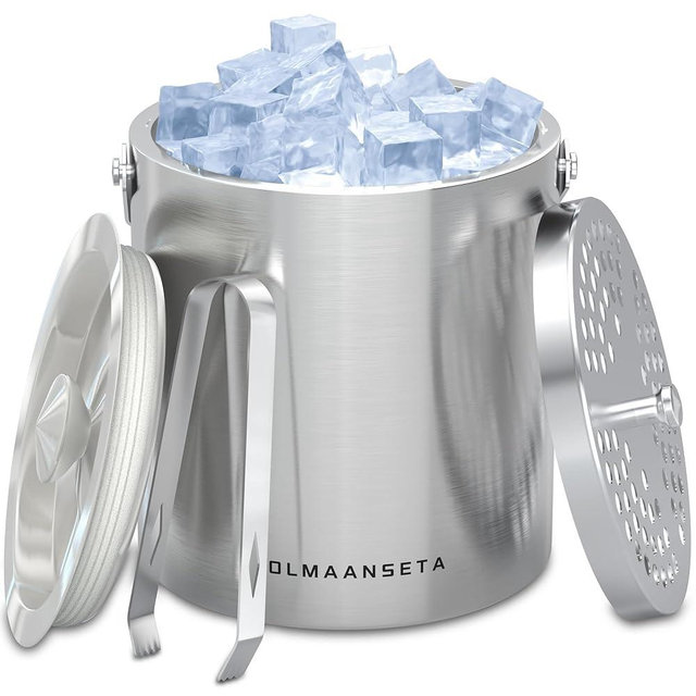 Olmaanseta Stainless Steel Ice Bucket For Parties With Lid And Ice Tongs,Insulated Wine Bucket With Strainer Keeps Drinks Cold And Ice Cube From Melting