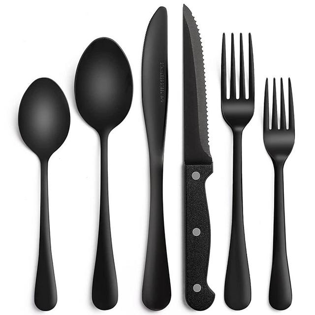 48-Piece Black Silverware Set with Steak Knives, AIVIKI Black Flatware Set for 8, Stainless Steel Cutlery Set, Tableware Utensils Includes Spoons Forks Knives, Mirror Finished, Hand Wash Recommended