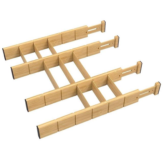 FEXIA 4 Pack Bamboo Drawer Dividers Kitchen Drawer Organizer with 9 Inserts Expandable 17"-22" Adjustable Separators utensil organizer for Kitchen Clothing Dressers Bedroom Bathroom Home Office